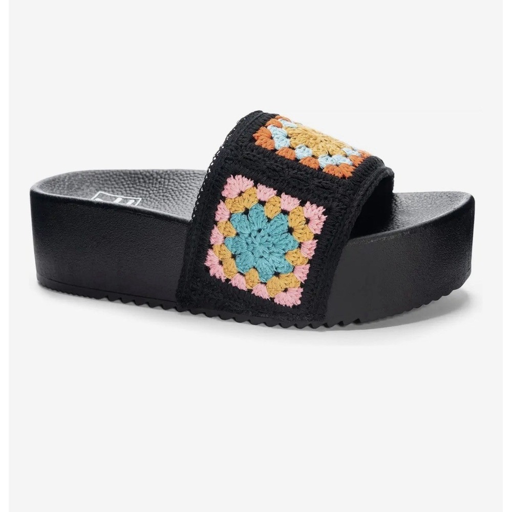 Dirty Laundry Crochet Granny Square Platform Slide Sandals Blk Multi Womens 8.5
